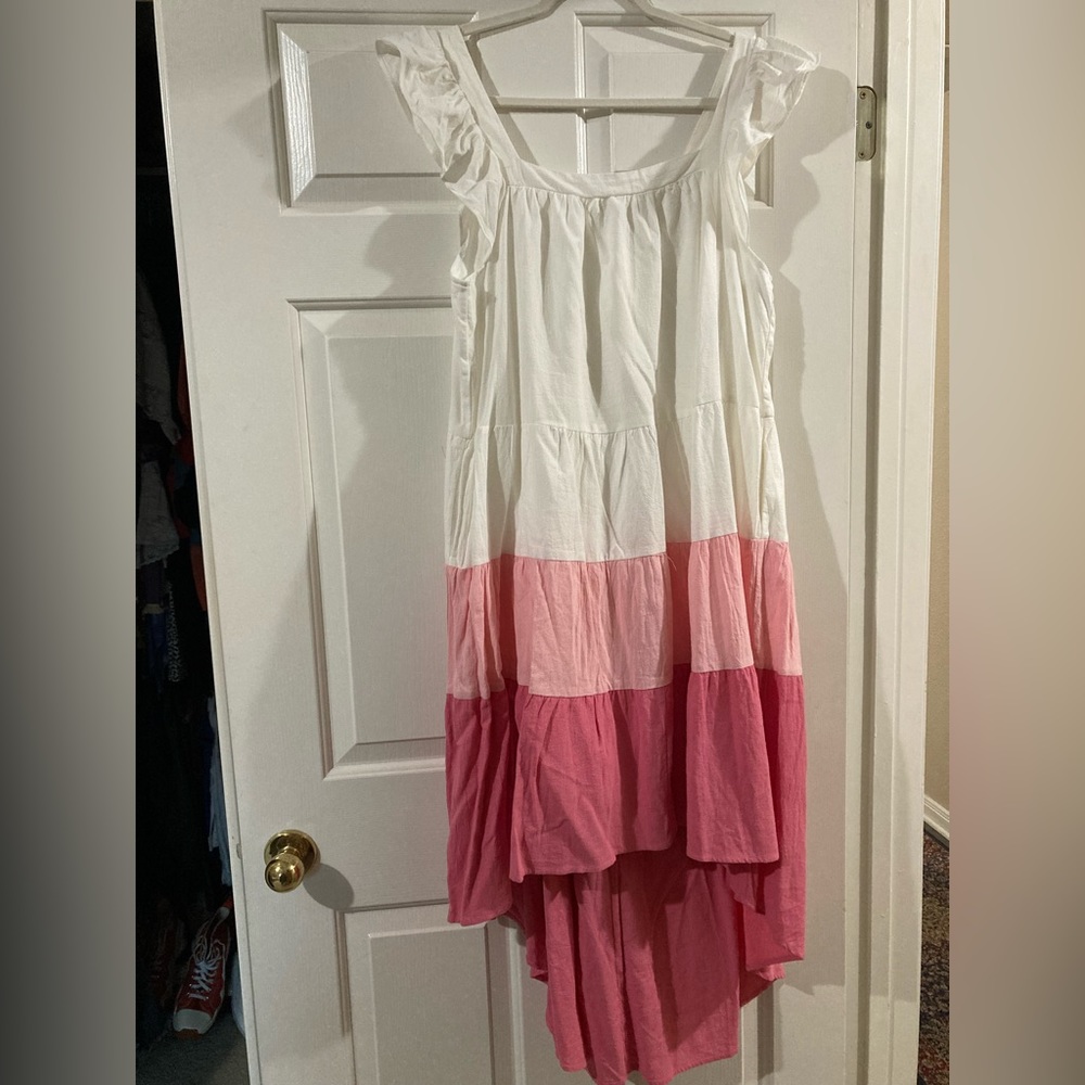Tiered High-Low Ruffle Dress - White & Pink - Picture 6 of 11